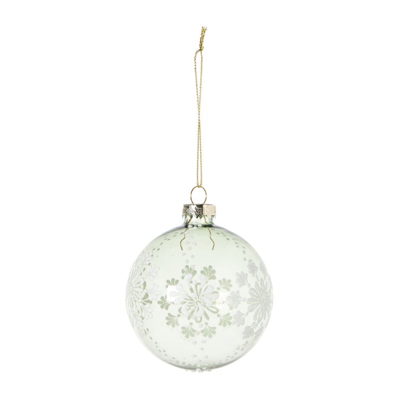 Kerstbal met witte bloemen - groen/transparant - ø8 cm