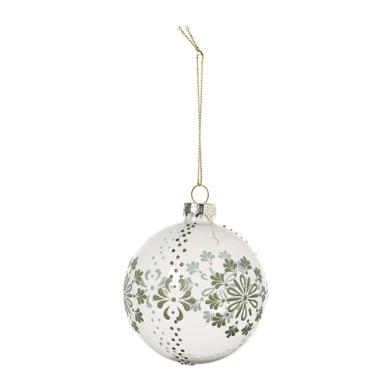 Kerstbal met groene bloemen - wit/transparant - ø8 cm