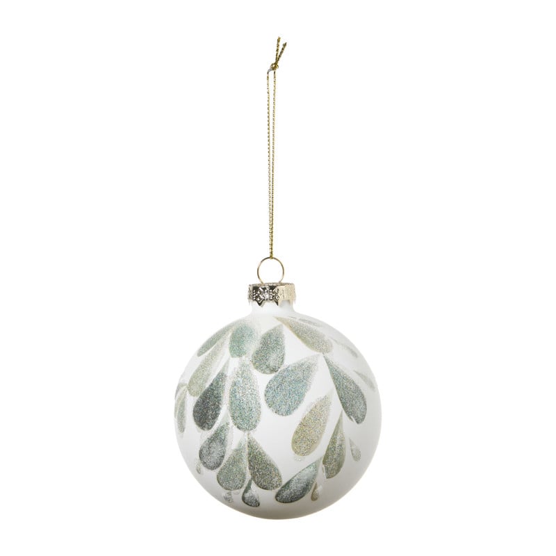 Kerstbal blaadjes - wit/groen - ø8 cm
