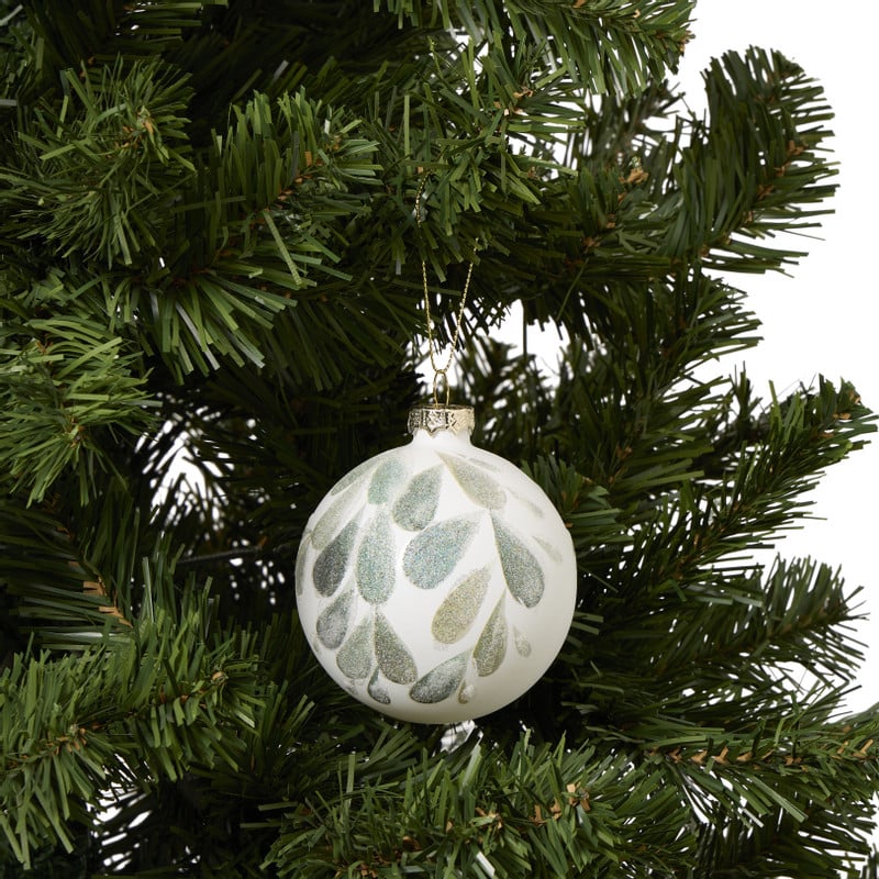 Kerstbal blaadjes - wit/groen - ø8 cm