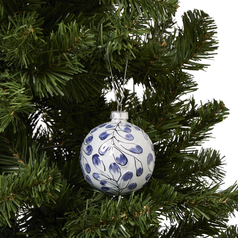 Kerstbal handgeschilderd - wit/blauw - ø8 cm