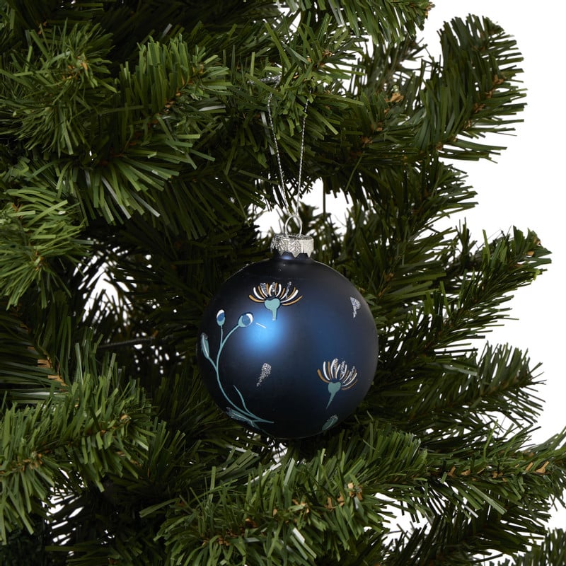 Kerstbal vogel en bloem - blauw - ø8 cm
