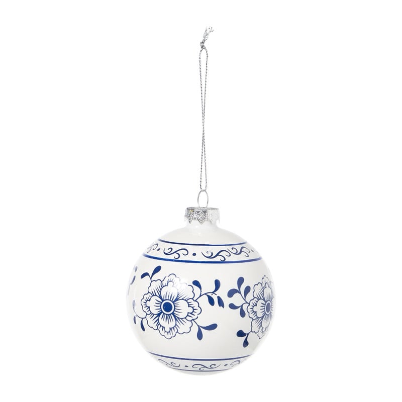 Kerstbal bloem - wit/blauw - ø8 cm