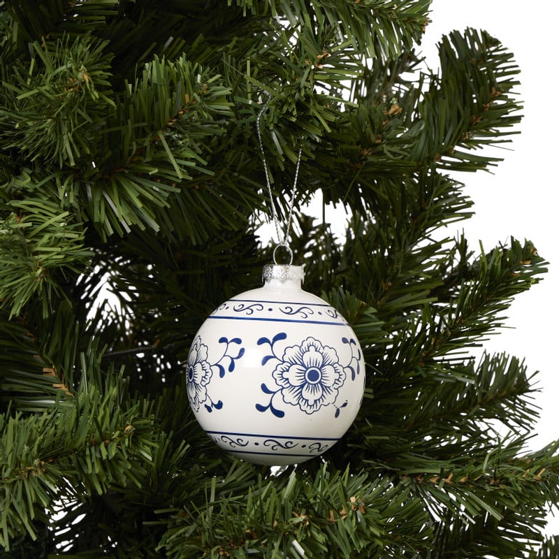 Kerstbal bloem - wit/blauw - ø8 cm