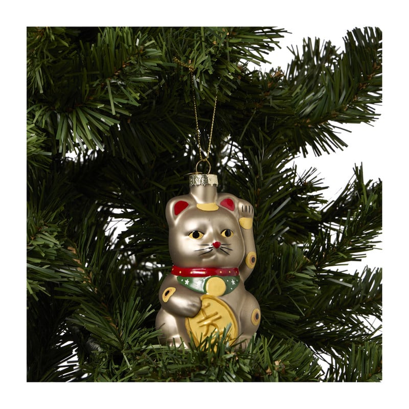Kersthanger lucky cat - bruin - 6.3x5.8x10.6 cm