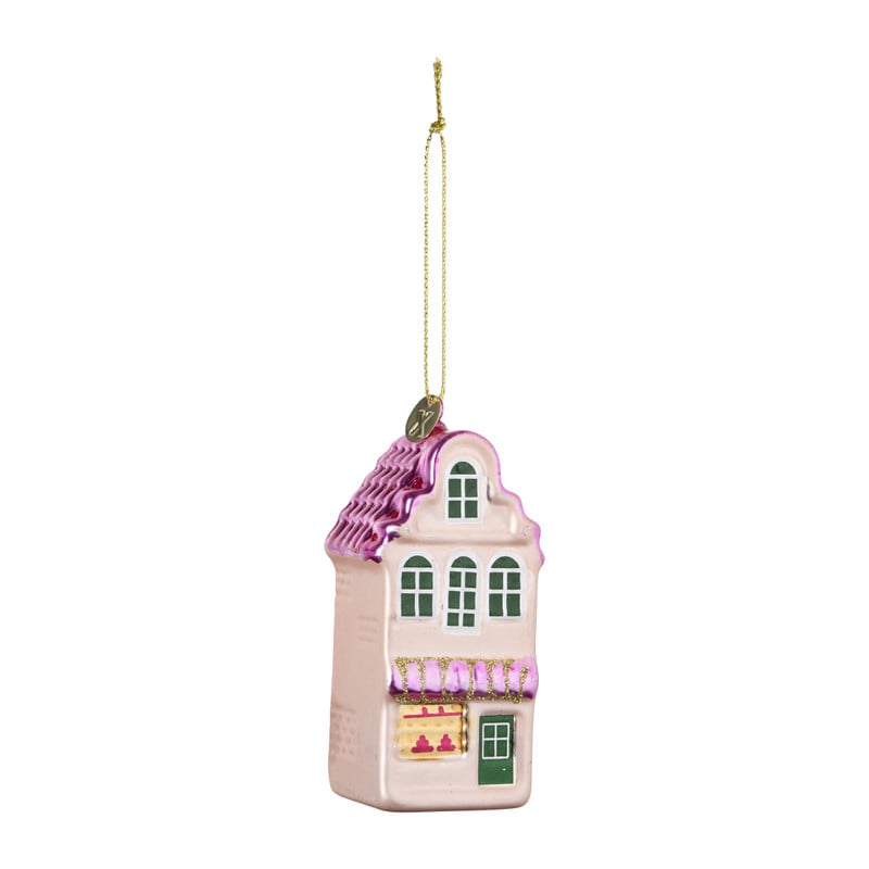 Kersthanger huisje - roze - ø4x8.6 cm