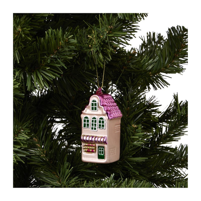 Kersthanger huisje - roze - ø4x8.6 cm