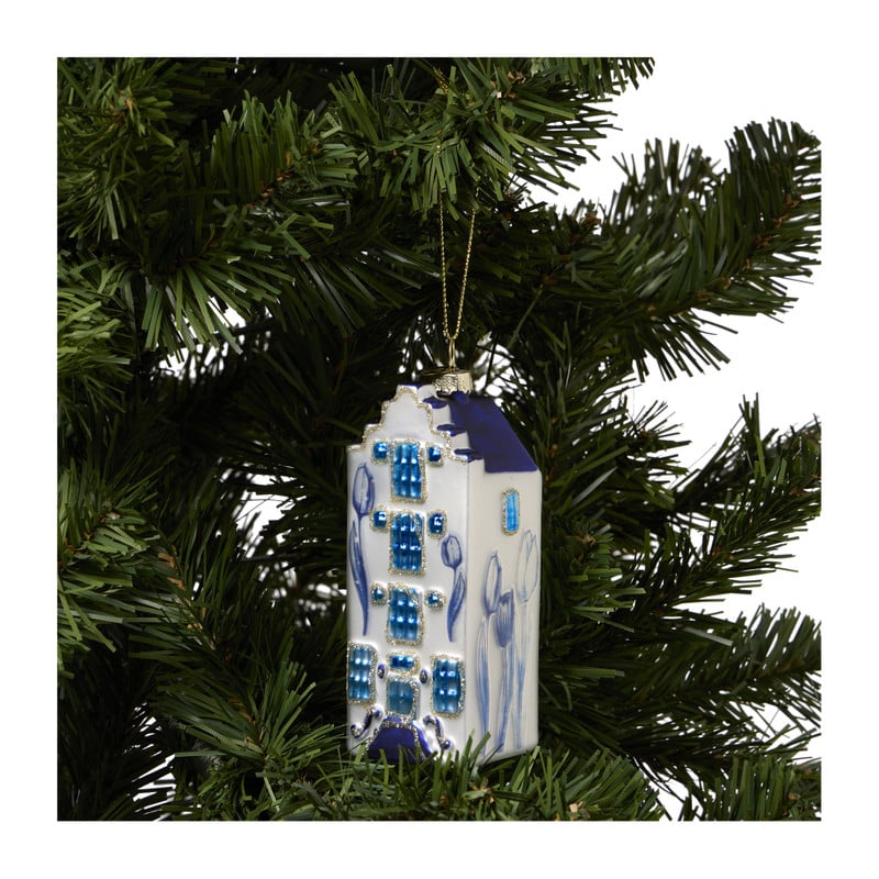 Kersthanger huisje blauw/wit - wit/blauw - 4.5x4.6x11.6 cm