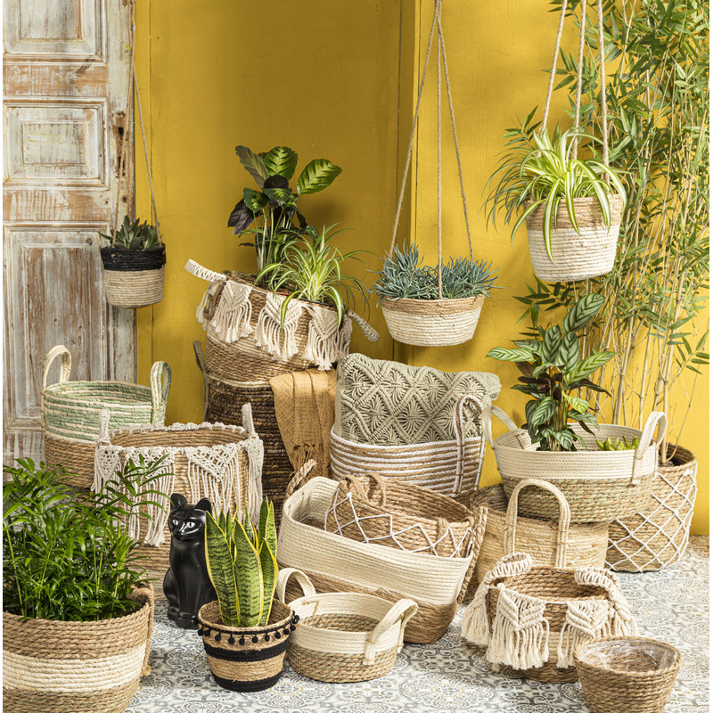 Mand met hengsel en pompoms - ⌀26x23 cm 
