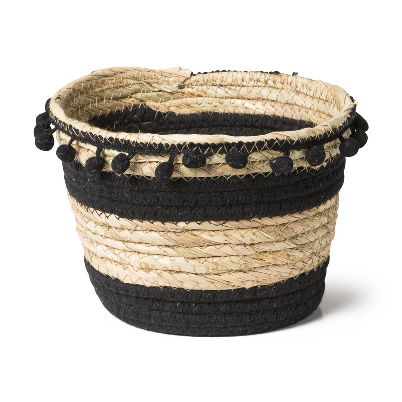 Bloempot met pompoms - naturel/zwart- ⌀18x15 cm