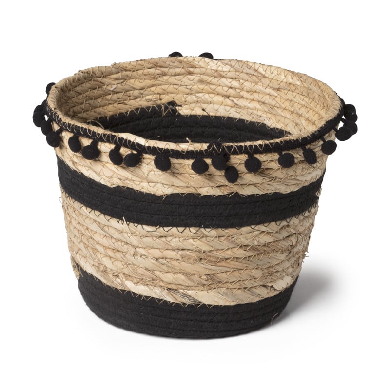 Bloempot met pompoms - naturel/zwart- ⌀22x17 cm