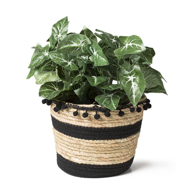 Bloempot met pompoms - naturel/zwart- ⌀22x17 cm