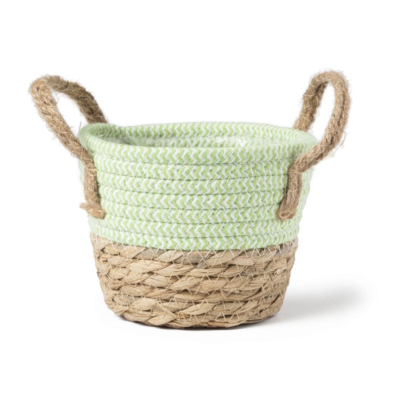 Rieten mand met hengsel - groen - ø15x16.5  cm