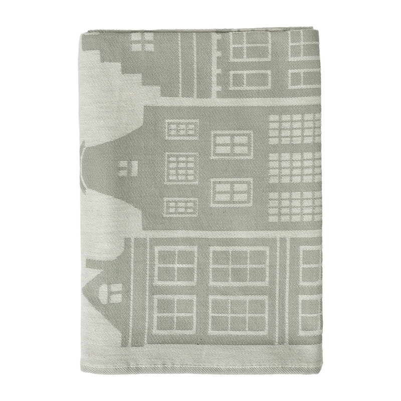 Theedoek huisjes - groen - 50x70 cm