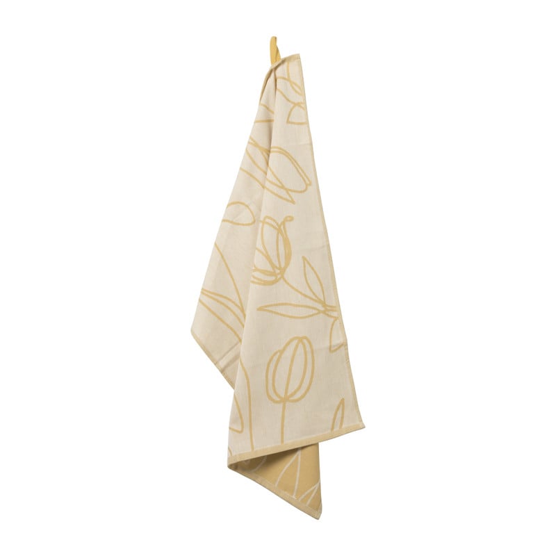 Theedoek bloemen - oker - 50x70 cm