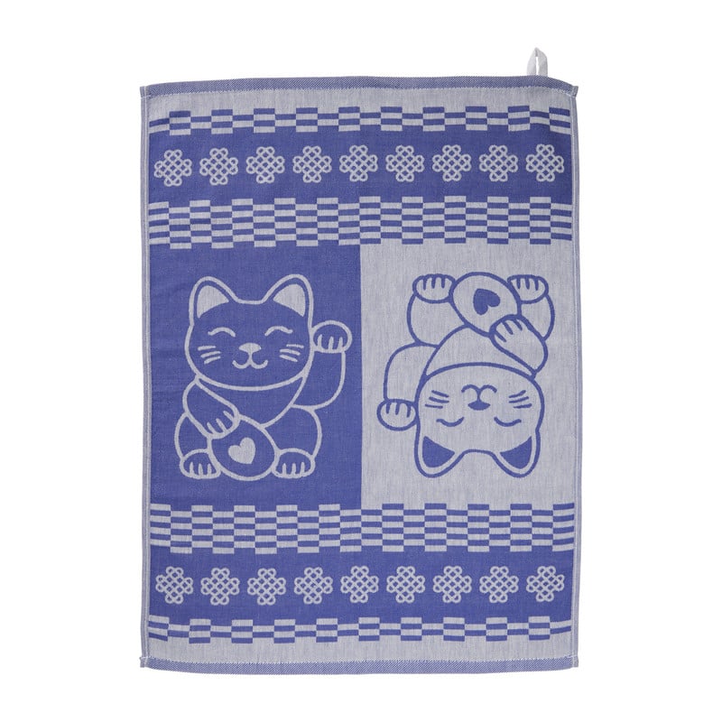 Theedoek lucky cat - blauw/wit - 50x70 cm