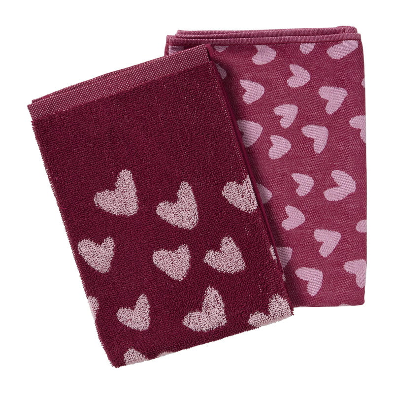 Keukendoek hartjes - roze/paars - 50x50 cm