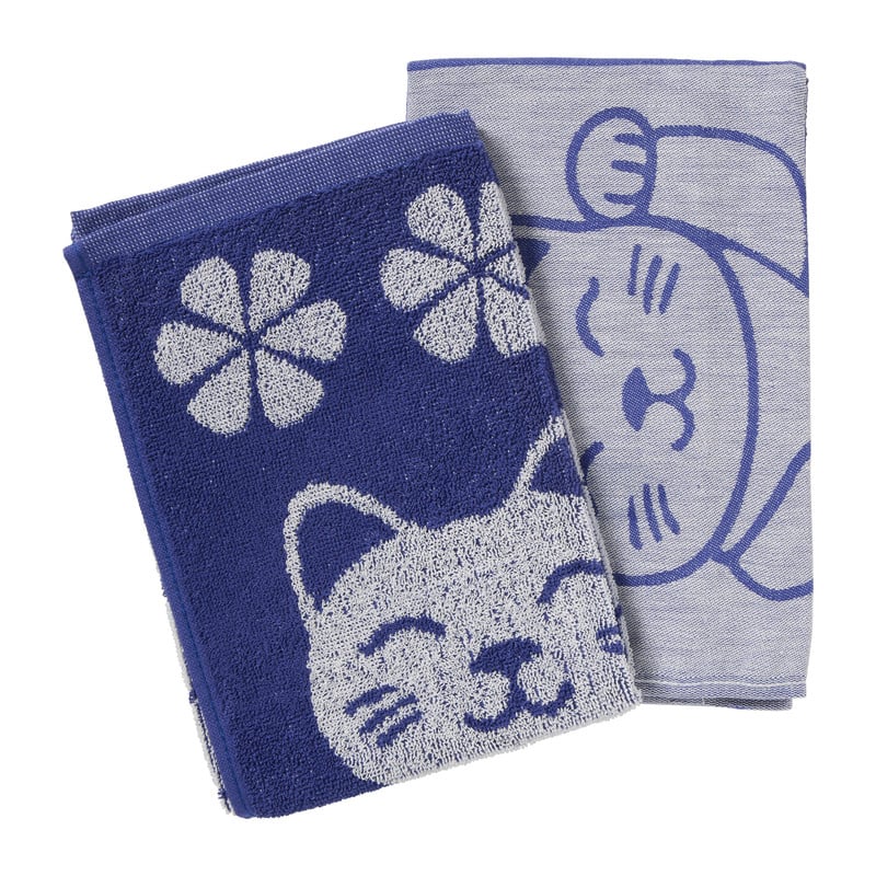 Keukendoek lucky cat - blauw/wit - 50x50 cm