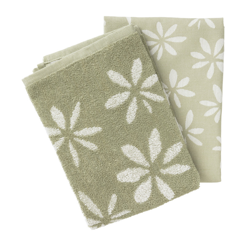 Theedoek bloemen - groen/wit - 50x70 cm