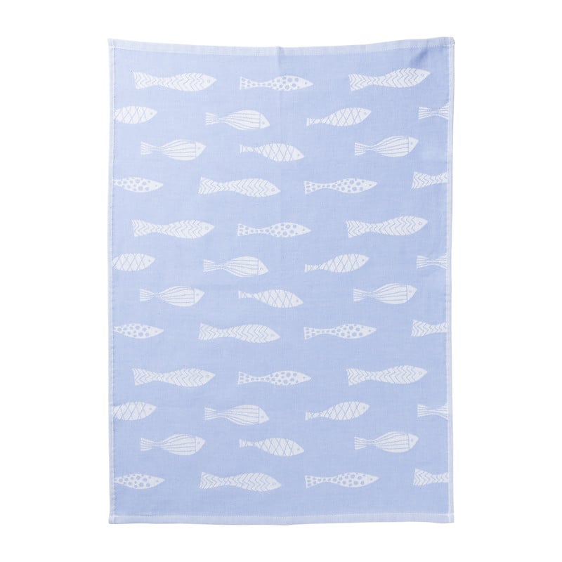 Theedoek vissen - blauw/wit - 50x70 cm