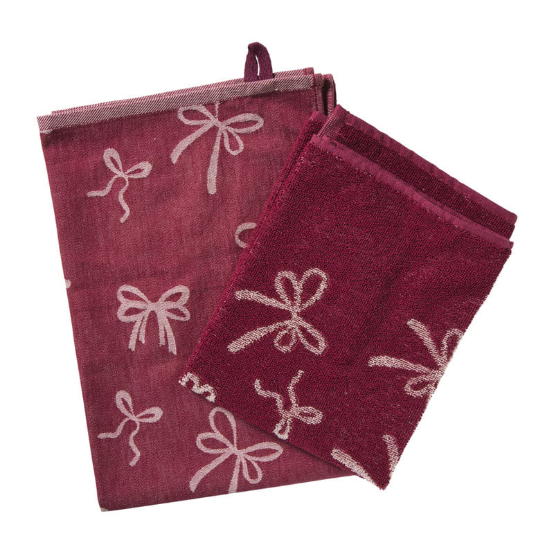 Theedoek strikjes - bordeauxrood/roze - 50x70 cm