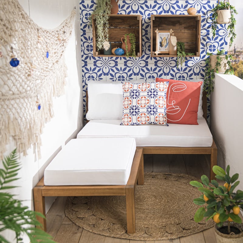 Loungebank acacia - bruin/wit - 120x90x64 cm