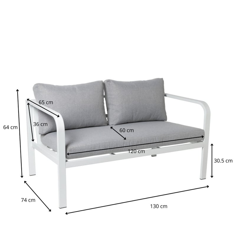 Tuinbank Tenerife met kussens - wit/grijs - 64x130x74 cm