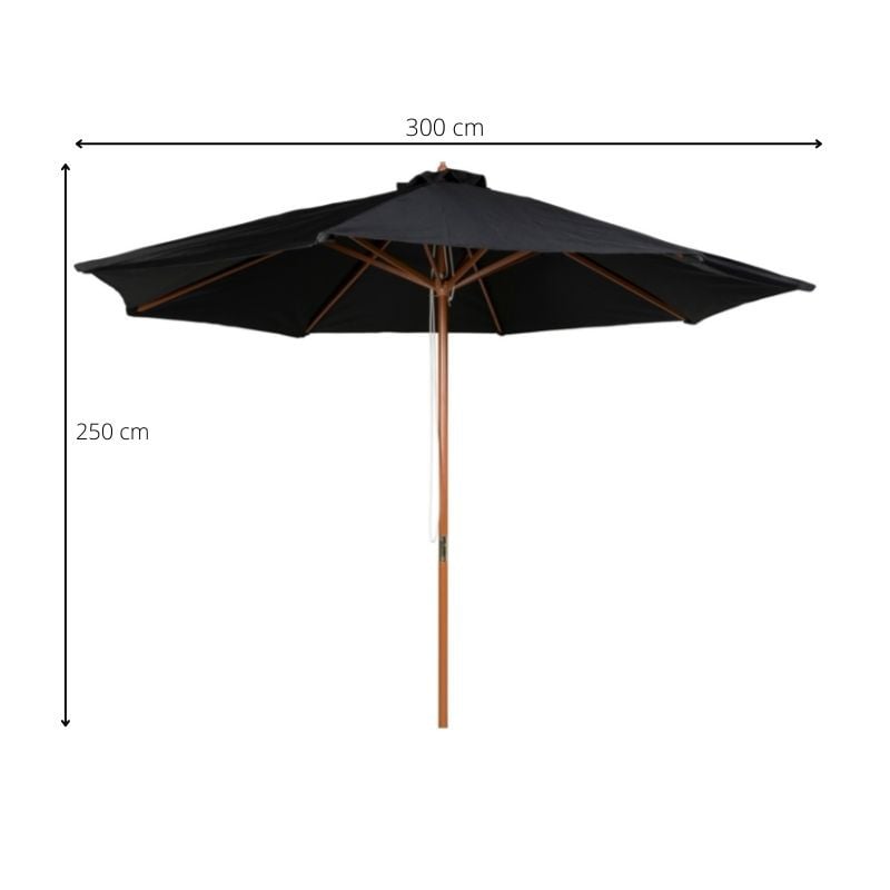 Parasol met houten stok - zwart - ⌀300x250 cm