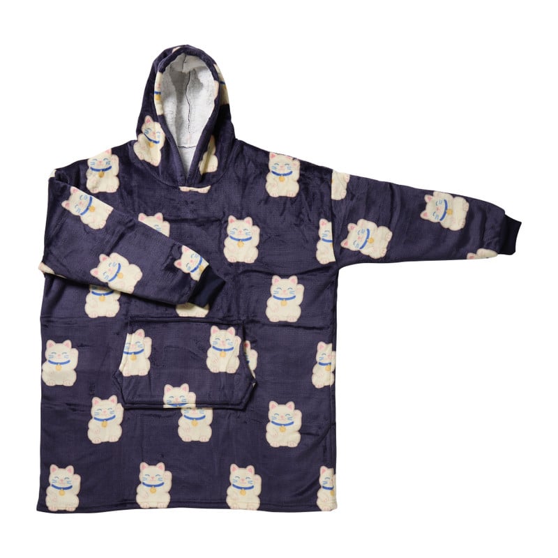 Oversized hoodie lucky cat - blauw - 76x90 cm