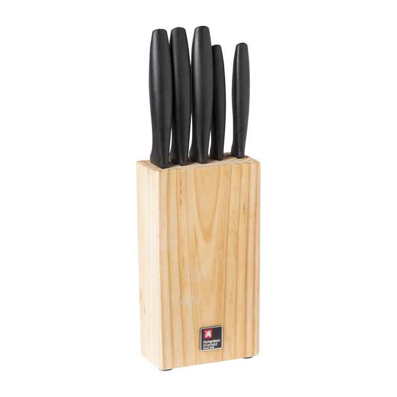 Messenblok met 5 messen - hout - 13x11x35 cm 