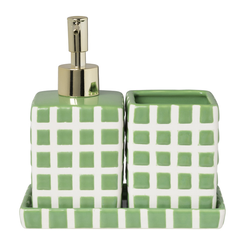 Tandenborstel beker blokjes - groen/wit - 8.8x7x7 cm