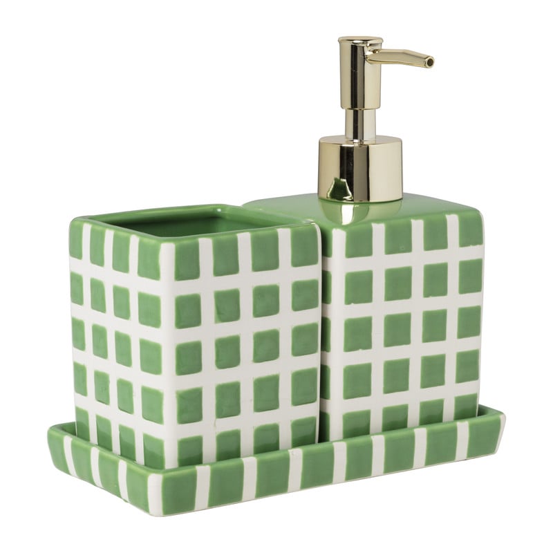 Tandenborstel beker blokjes - groen/wit - 8.8x7x7 cm