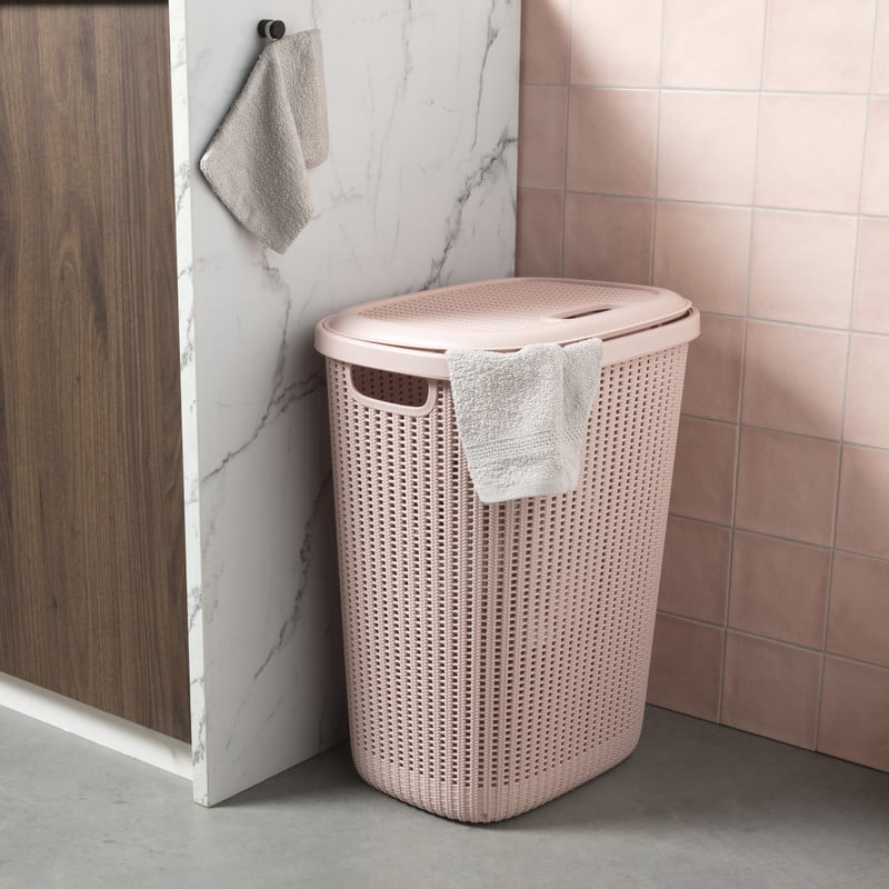 Wasmand met deksel - roze - 57 liter