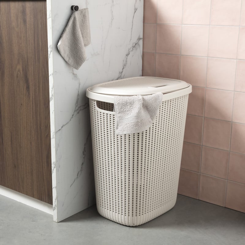 Wasmand met deksel - beige - 57 liter
