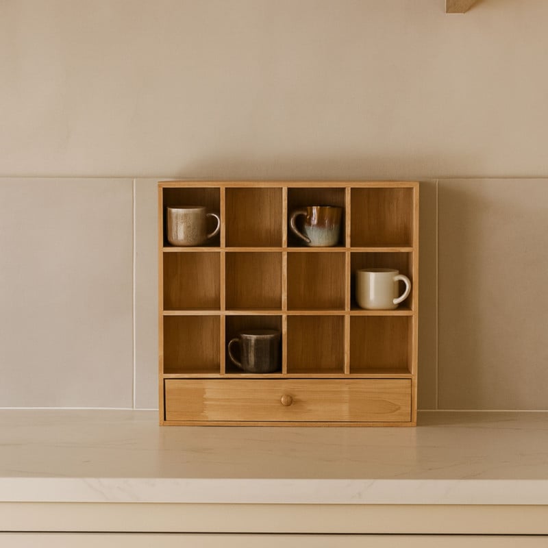 Wandkastje voor mokken met lade - bruin - 53x50x10 cm