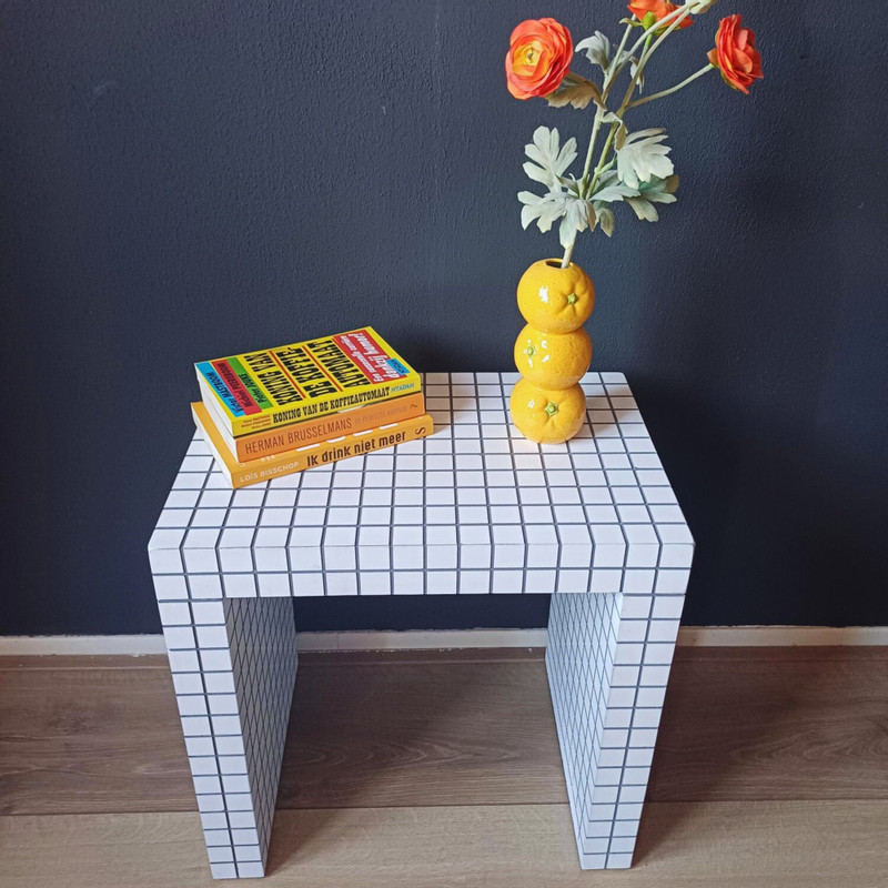 Bijzettafel checks - wit - 48x48x32 cm