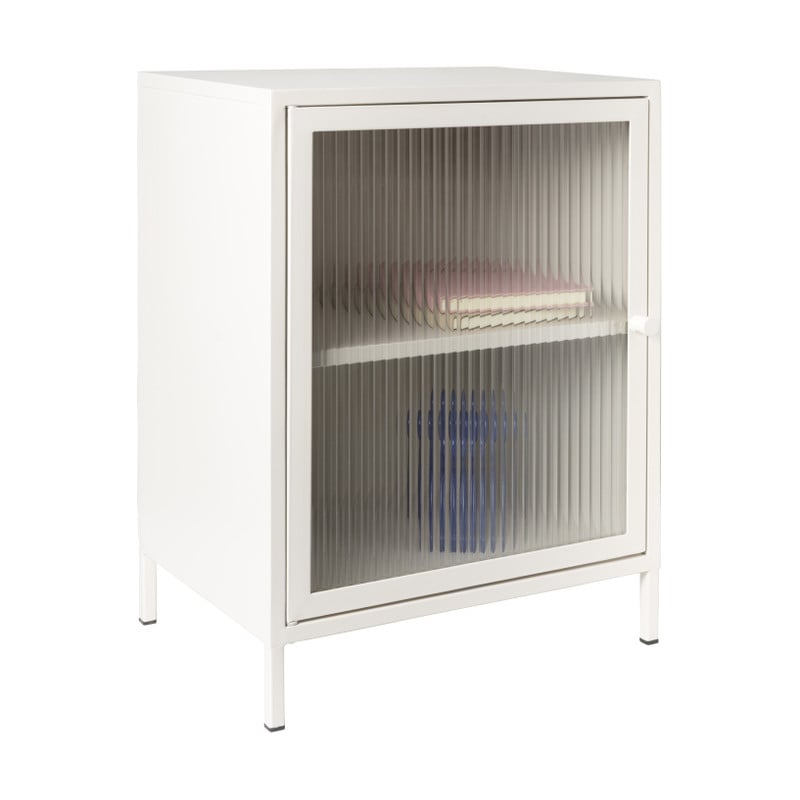 Nachtkastje Luca met geribbeld glazen deurtje - offwhite - 55.5x40x32 cm