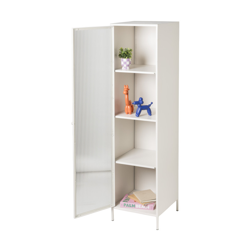 Hoge kast Luca met geribbeld glazen deurtje - offwhite - 160x42x40 cm