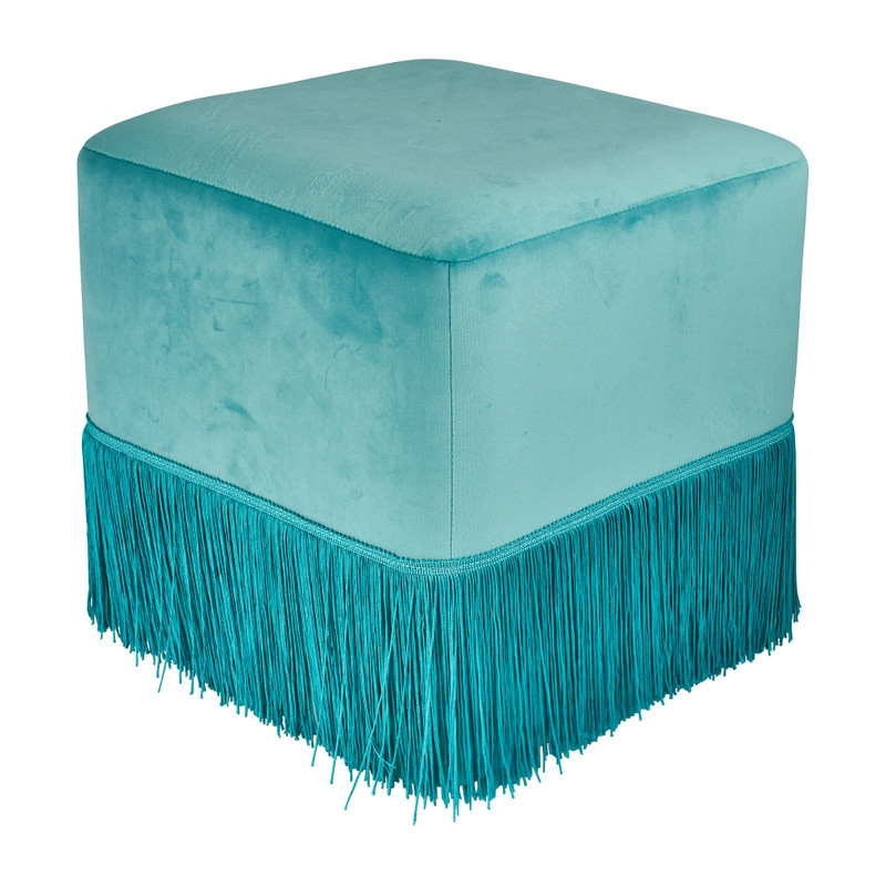 Poef velvet met kwastjes - blauw - 35x35x35 cm