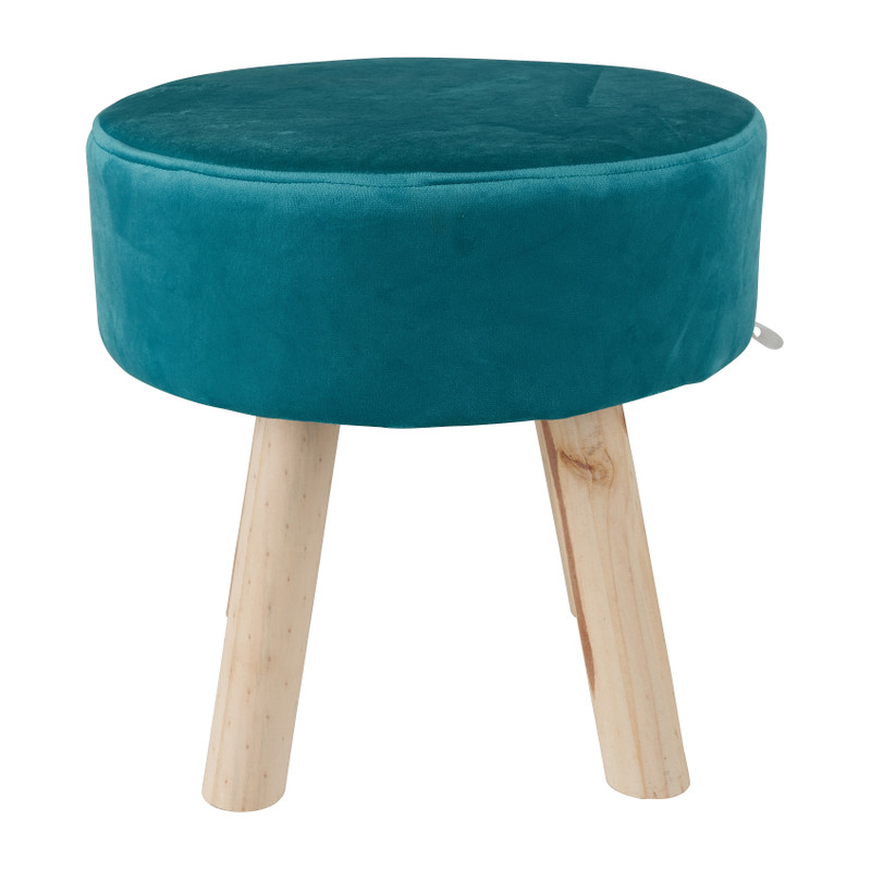 Krukje velvet met houten poten - blauw - 35x35 cm