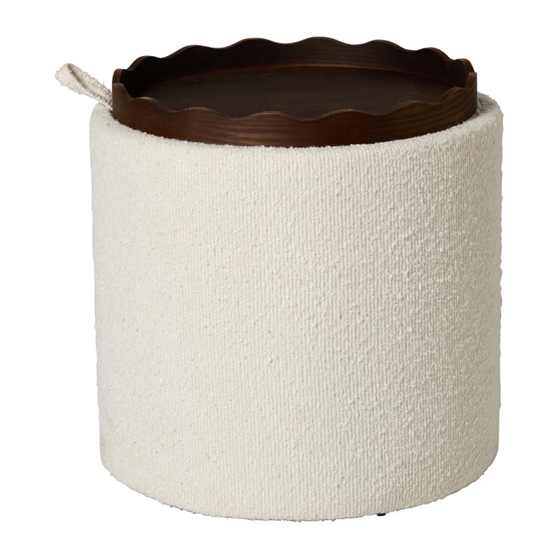 Opbergpoef bouclé met dienblad - beige/bruin - ø37.5x39 cm