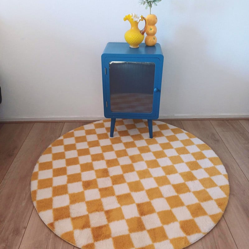 Vloerkleed checks - geel/wit - ø120 cm
