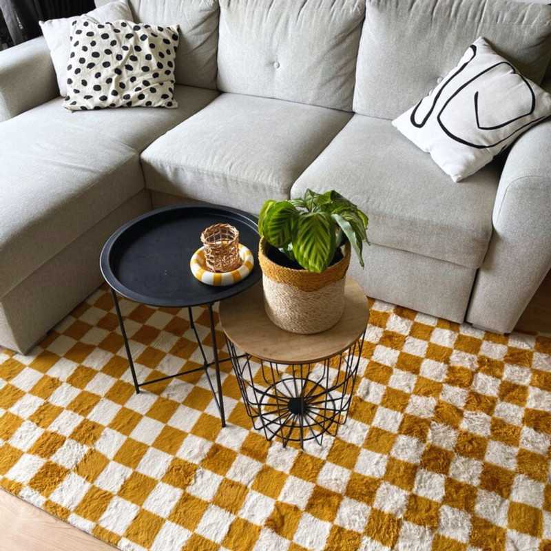 Vloerkleed checks - geel/wit - 120x180 cm