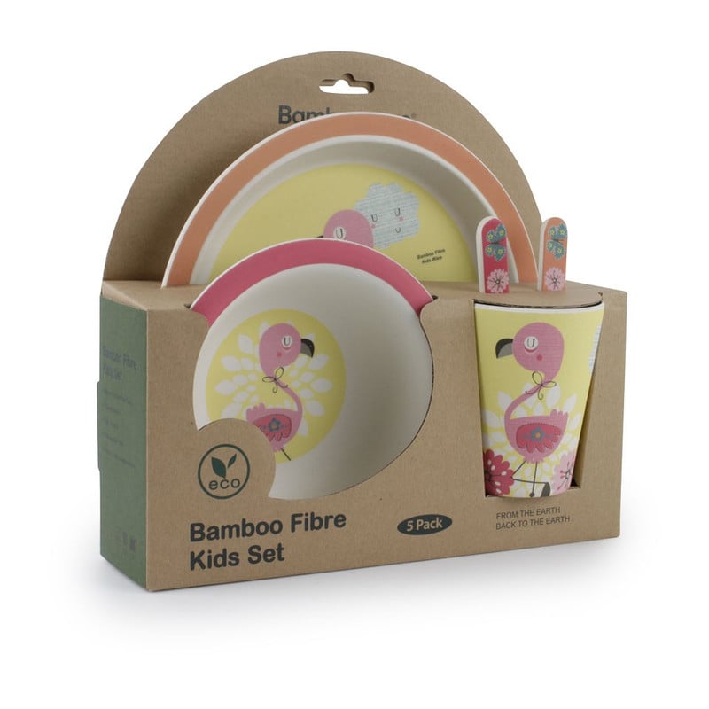 Kinderservies bamboe - flamingo - 5-delig